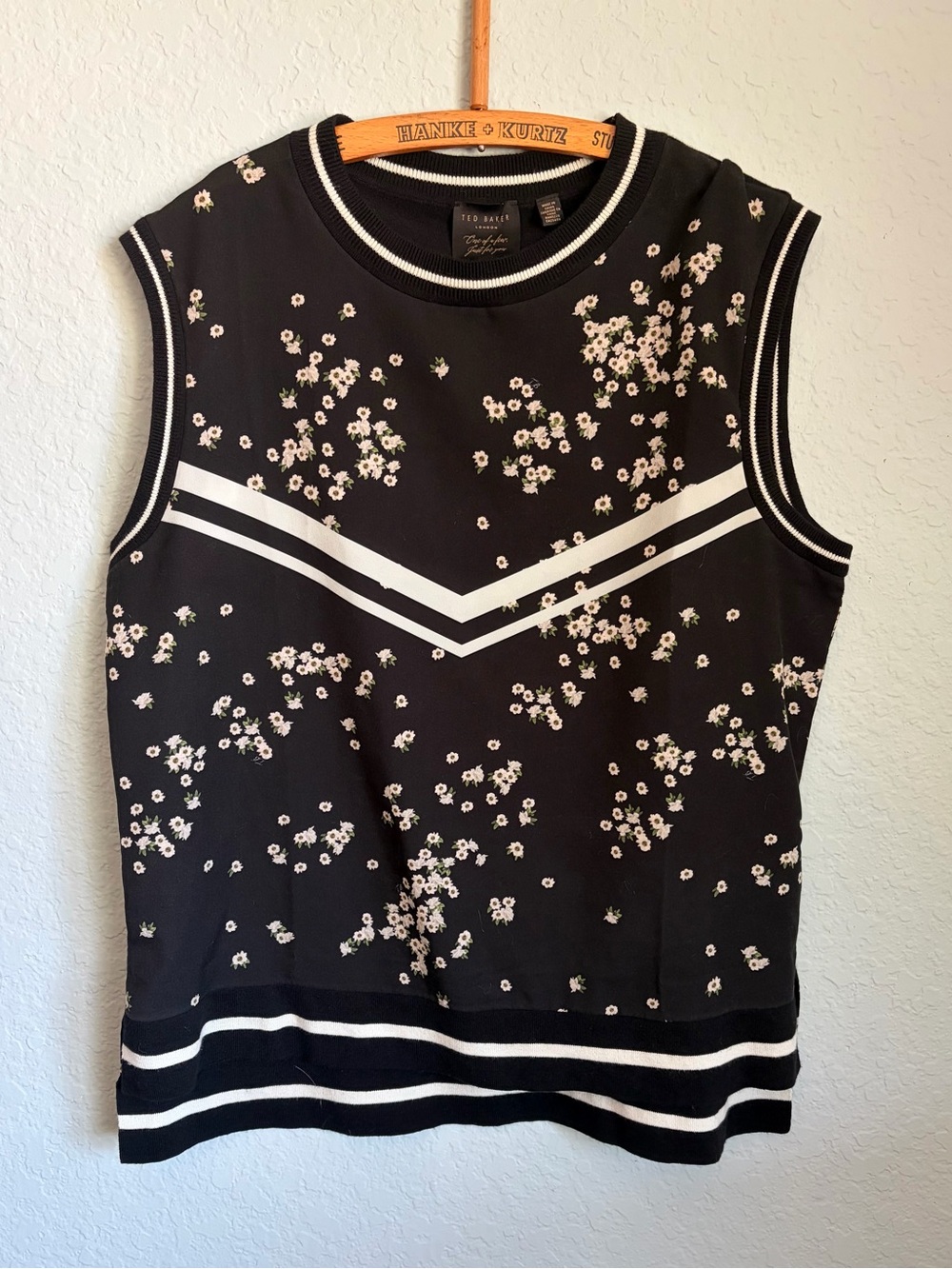 Ted Baker Black Floral Sleeveless blouse with light blue Chevron Trim